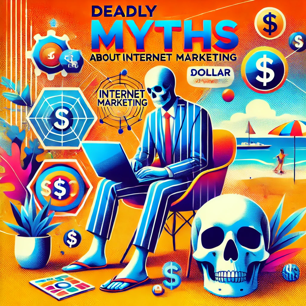 An illustration showing various deadly myths about Internet marketing with a skull.