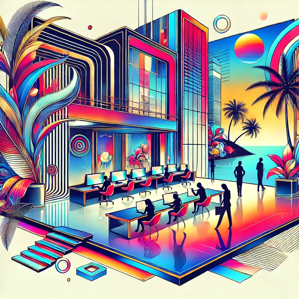 Vibrant and modern abstract illustration with a high-tech office setting, paradise island background, and corrected chair legs.