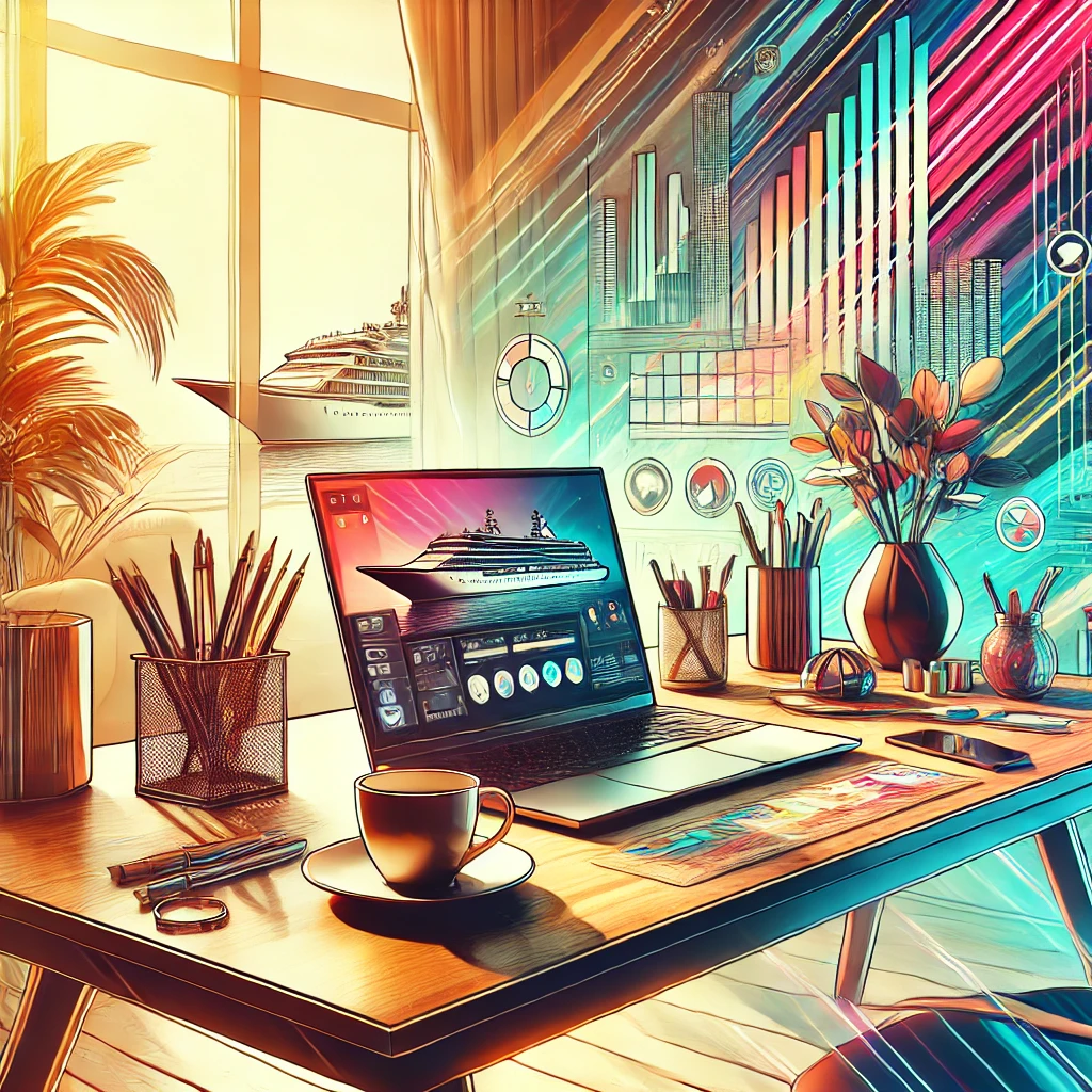 A vibrant and modern home office setup designed for boosting productivity. The scene includes a sleek desk with a laptop, a cup of coffee, and various office supplies neatly arranged. The background features a window with a view of a yacht, creating a sense of luxury and success. The atmosphere is bright and motivational, rendered in an abstract and vibrant artistic style.