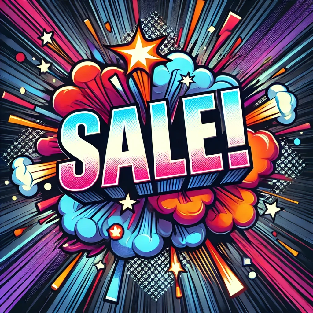 Colorful comic-style explosion graphic with the word 'SALE!' in bold letters.