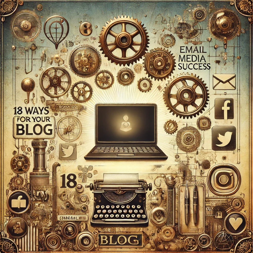 A steampunk-themed featured image for a blog post titled '18 Ways To Setup Your Blog For Immense Success'. The image includes an abstract background with elements of an office setting and symbols of blogging like a laptop, gears, email icons, and social media icons. The style is steampunk with brass and copper tones. The letters and symbols are legible and clear.