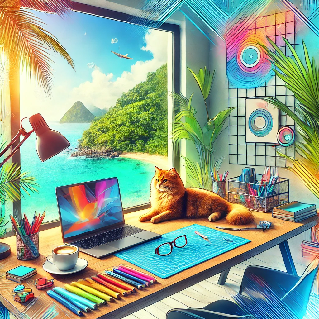 A vibrant and modern home office setup designed for boosting productivity. The scene includes a sleek desk with a laptop, a cup of coffee, and various office supplies neatly arranged. The background features a window with a view of a paradise island, with lush greenery around the window. A cat lounges comfortably on the desk, adding a touch of coziness. The atmosphere is bright and motivational, rendered in an abstract and vibrant artistic style.