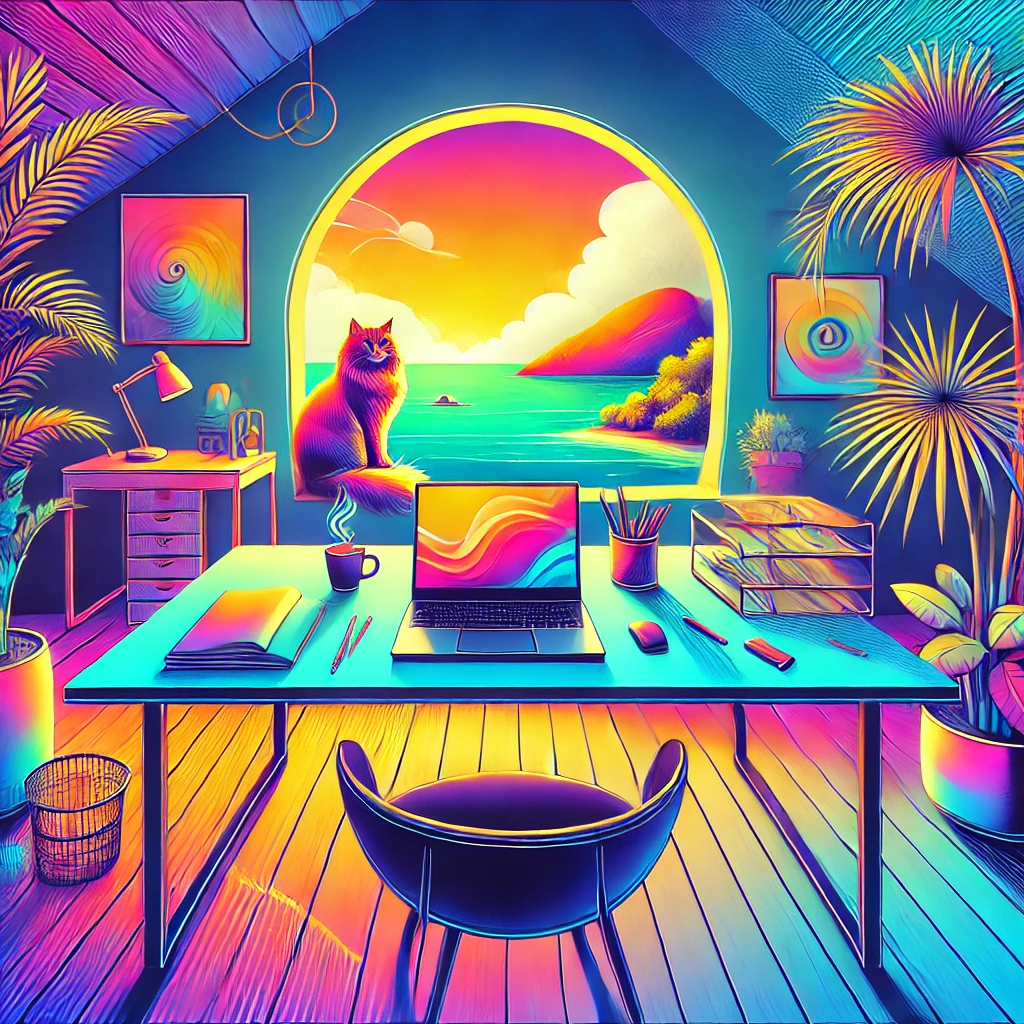 A vibrant and modern home office setup designed for productivity. The scene includes a sleek desk with a laptop, a cup of coffee, and various office supplies neatly arranged. The background features a window with a view of a paradise island, with lush greenery around the window. A cat lounges comfortably on the desk, adding a touch of coziness. The atmosphere is bright and motivational, rendered in an abstract and vibrant artistic style.