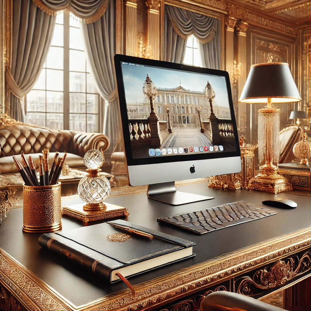 Luxurious office desk with a computer, ornate decor, and elegant furnishings.