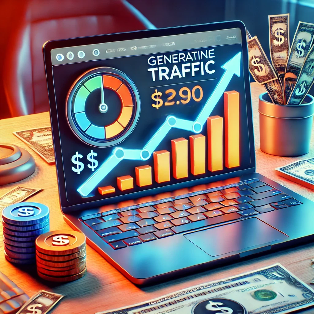 Laptop with website traffic graph and money symbols