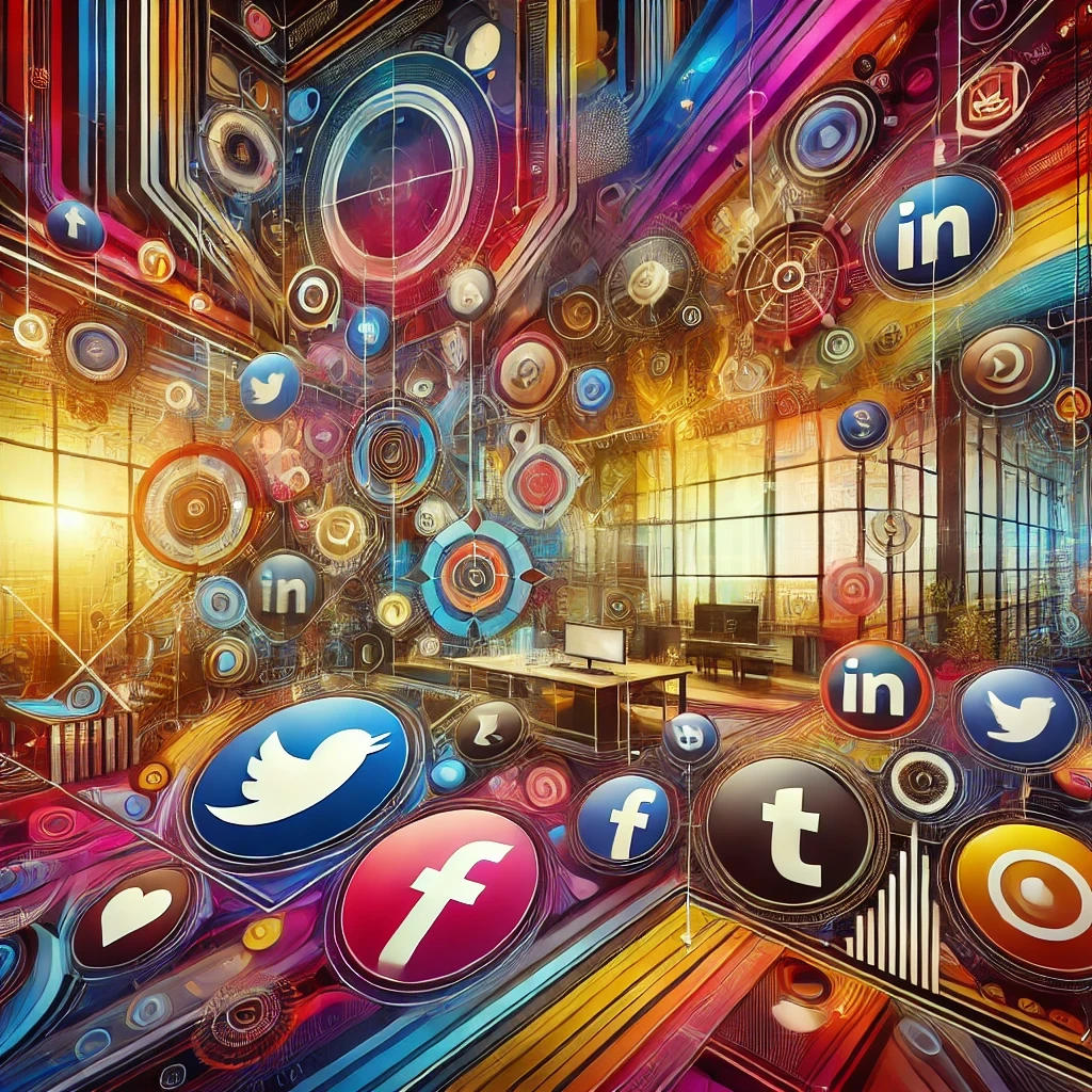 A vibrant, abstract image representing various social media platforms for sharing content.