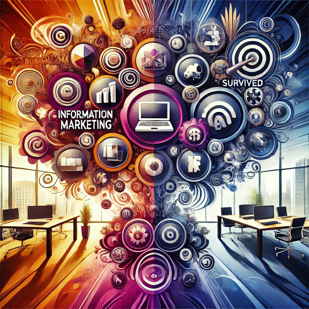 A vibrant illustration showcasing various online business icons, divided into warm and cool color schemes, with the words "Information Marketing" and "Survived" prominently displayed.