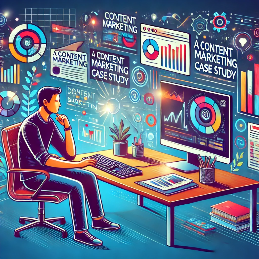 A vibrant and modern office setting with a person working seriously on a computer, surrounded by abstract elements representing digital marketing and content creation.