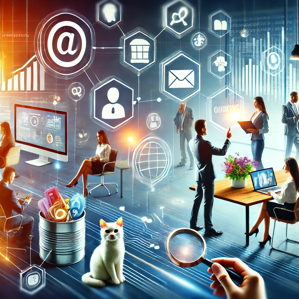 Office or tech setting with individuals engaging with marketing tools, featuring keywords from the post.