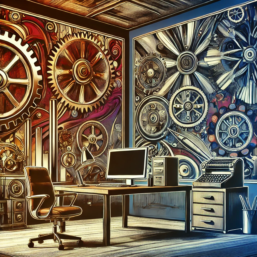 A vibrant, abstract image with a steampunk theme in a home office setting. The background includes gears, cogs, and vintage machinery, combined with modern office elements like a sleek desk and a computer. The color scheme features bold and dark colors.