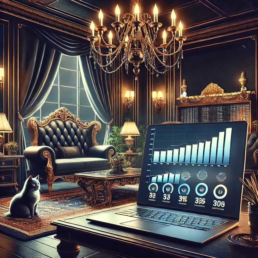 A lavish home office with dark, strong colors. A large desk features a laptop displaying analytics charts and graphs. In the background, elements of opulence and luxury, symbolizing high PR domains and SEO.