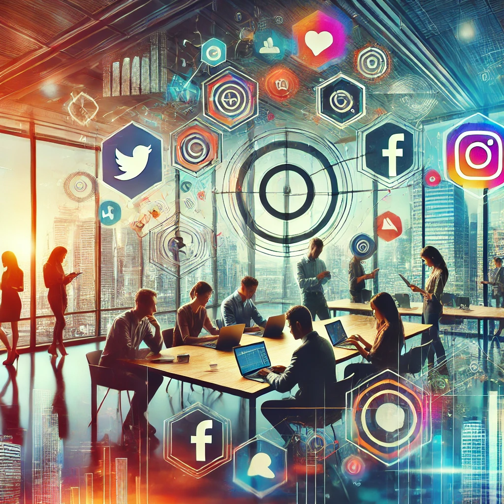 A vibrant and modern office setting with people working together on laptops and tablets. The background shows a professional office environment with large windows and cityscape views. Icons of popular social media platforms are subtly integrated into the design.