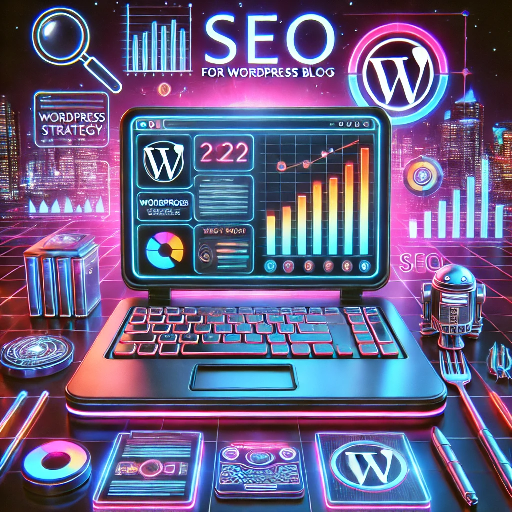 An image representing an SEO strategy for WordPress blogs in a cyberpunk style, featuring a futuristic laptop displaying a WordPress dashboard with neon accents. SEO-related icons like graphs, charts, and keyword symbols are included with a high-tech appearance. The background includes a cityscape with neon lights and a high-tech office setup.