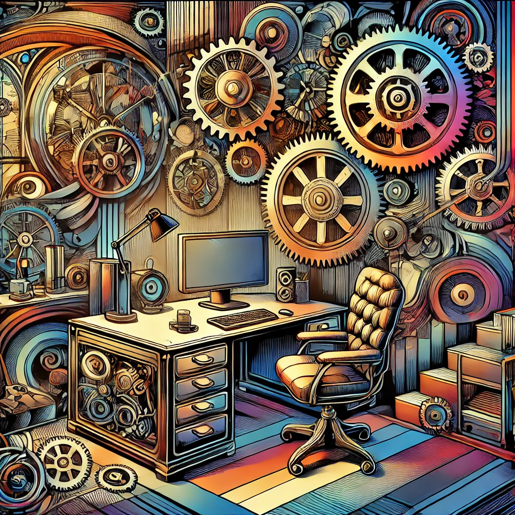 A vibrant, abstract image with a steampunk theme in a home office setting. The background includes gears, cogs, and vintage machinery, combined with modern office elements like a sleek desk and a computer. The color scheme features bold and dark colors.