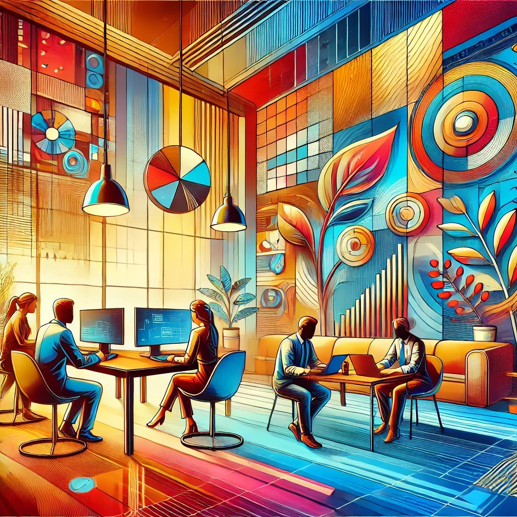 A vibrant and abstract image depicting an office setting with a modern look. The background is a home office with bold and vibrant colors, featuring people working seriously. The image reflects the theme "Are You Wondering If iLearningGlobal Is A Scam?".