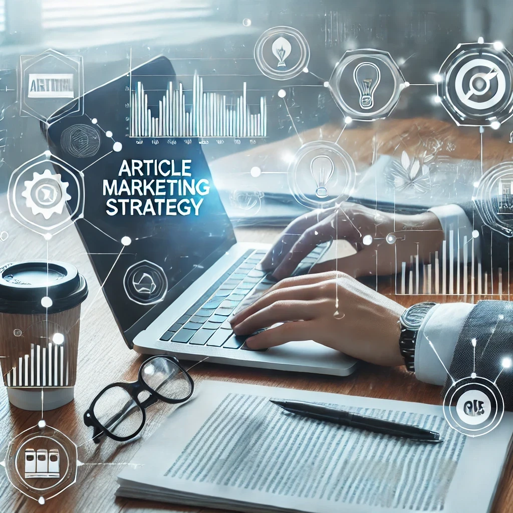Person working on a laptop at a desk with charts, graphs, and digital marketing icons in the background, representing a modern and professional article marketing strategy. The person is not wearing glasses, and there are no letters or text in the image.