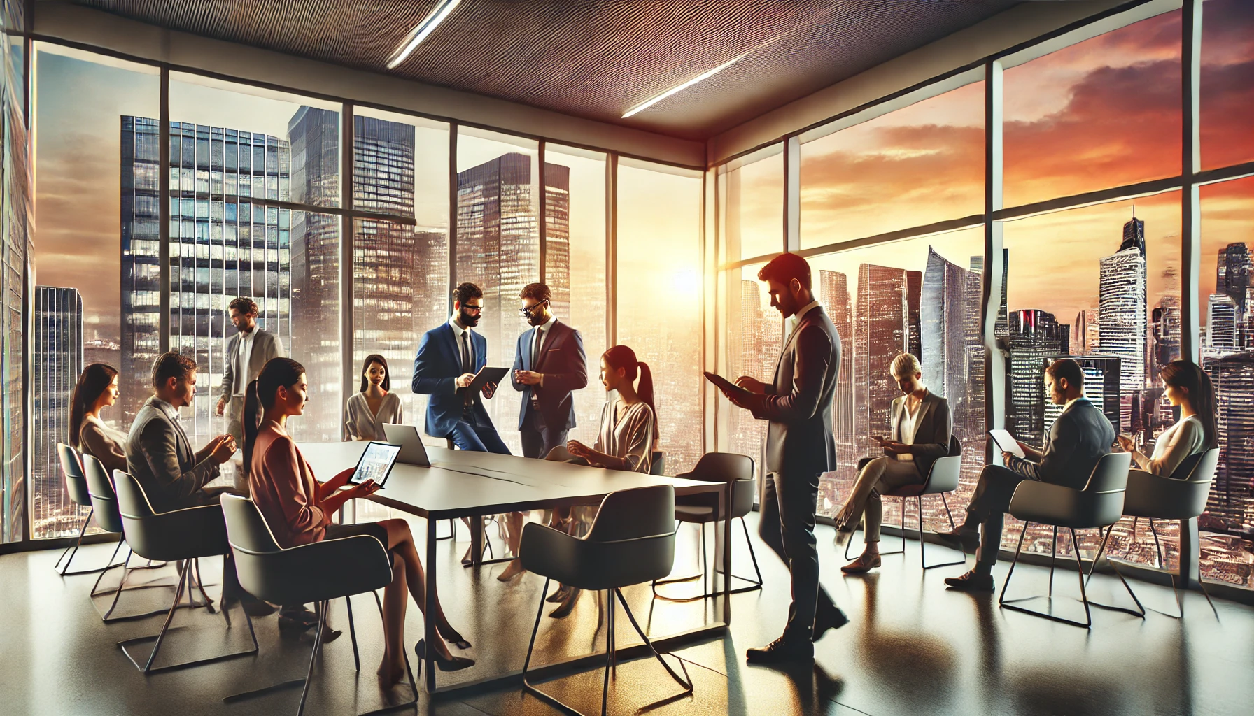 Modern office setting with large windows overlooking a cityscape during sunset, featuring people engaged in work discussions.