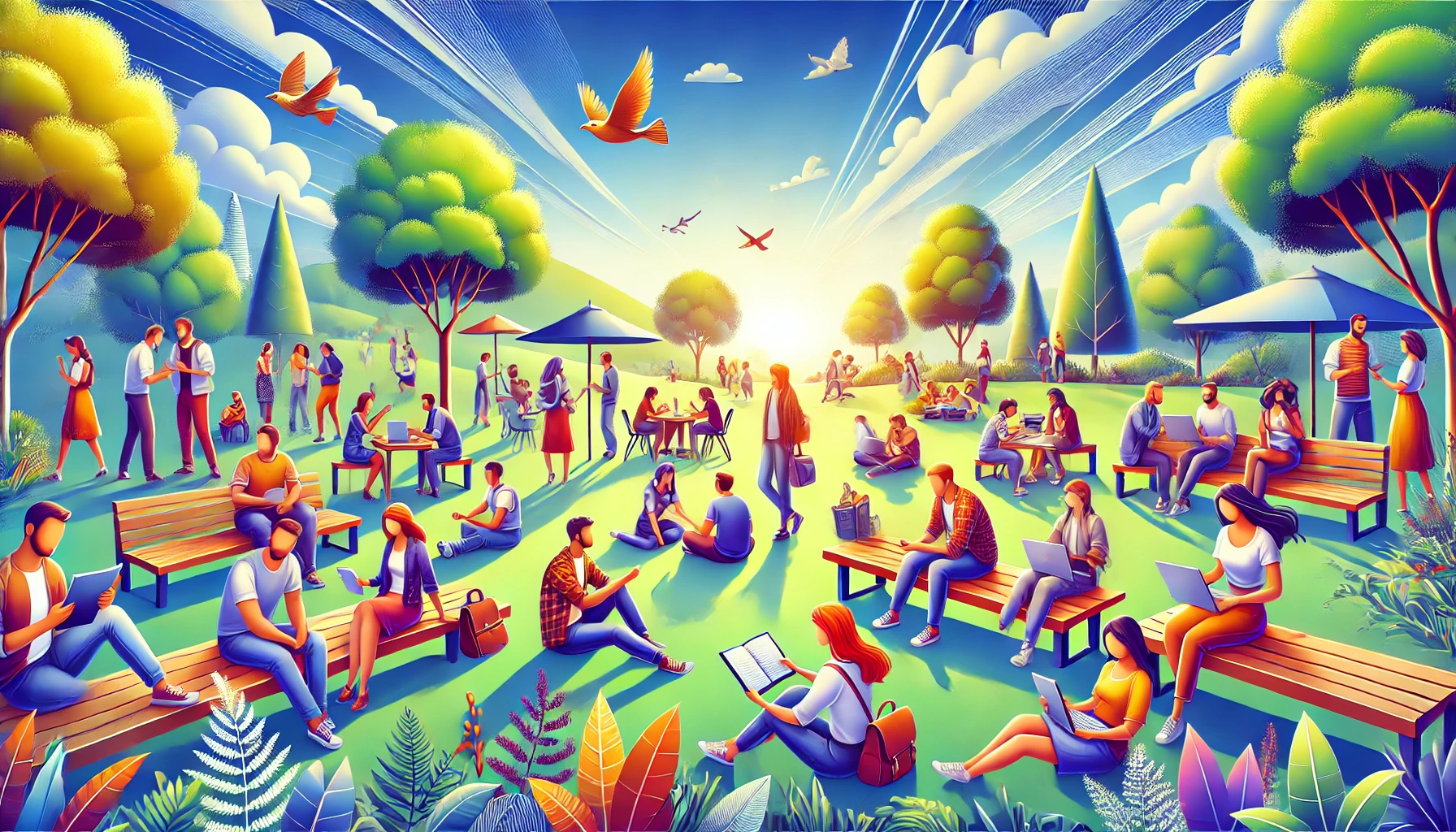 Vibrant park setting with people gathered in a casual, relaxed atmosphere, featuring discussions and a blend of leisure and productivity.