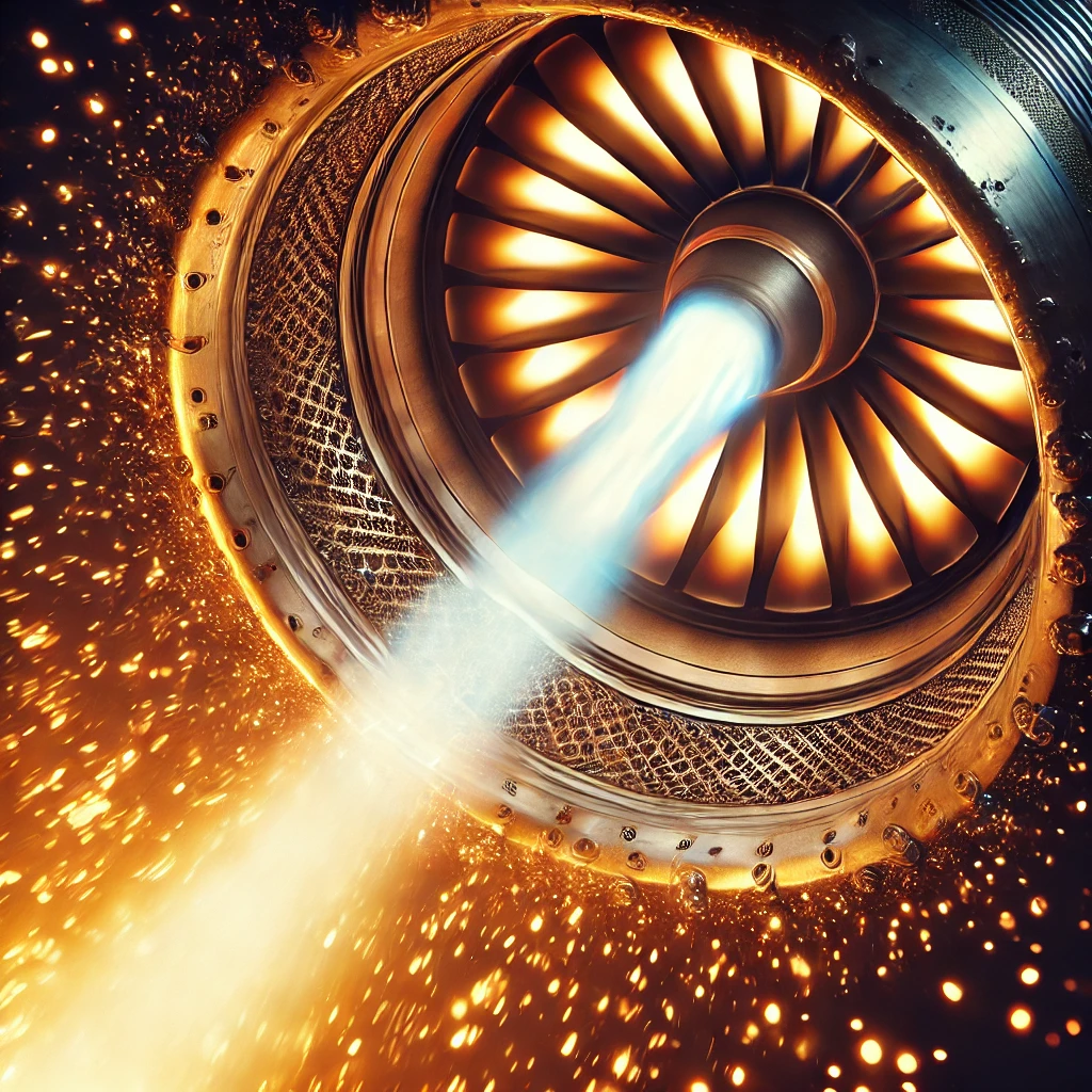 A detailed image of an afterburner in operation with bright flames and intense heat emanating from the nozzle.