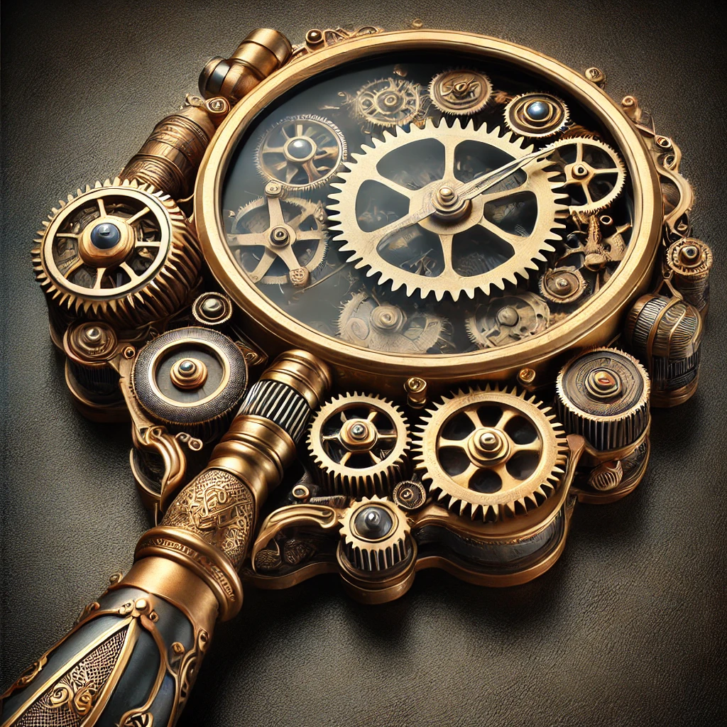 A detailed image of a steampunk magnifying glass with intricate brass gears, cogs, and mechanical components.
