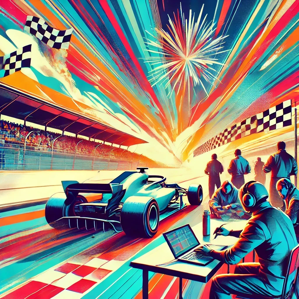 A vibrant and energetic scene at a racetrack with people working seriously in the foreground. On the left, a car is facing the wrong direction without any weird shapes. On the right, a person is incorrectly positioned into a car. An explosion adds a dynamic element to the background, emphasizing perseverance and hard work