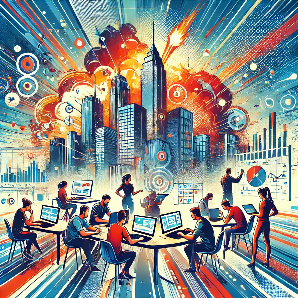 A vibrant and energetic scene with a bustling cityscape in the background. In the foreground, people are working seriously on setting up a blog. An explosion adds a dynamic element to the background, emphasizing productivity and determination.