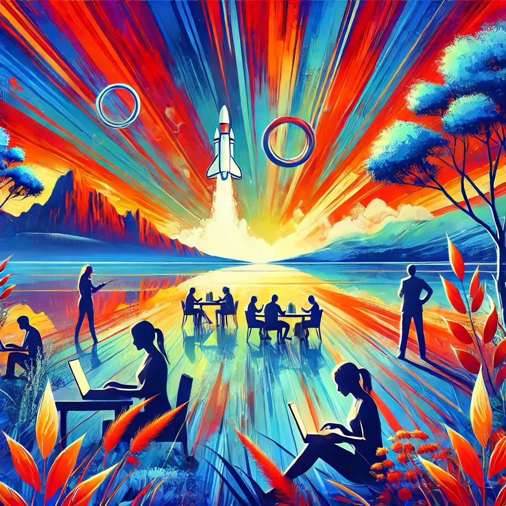 A vibrant and energetic scene with a serene natural landscape in the background. In the foreground, people are working seriously on keyword optimization and blogging, capturing the essence of productivity and determination.