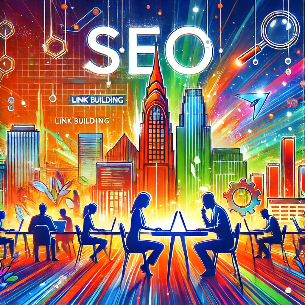 A vibrant and energetic scene with a cityscape in the background. In the foreground, people are working seriously on SEO and link building, capturing the essence of productivity and determination.