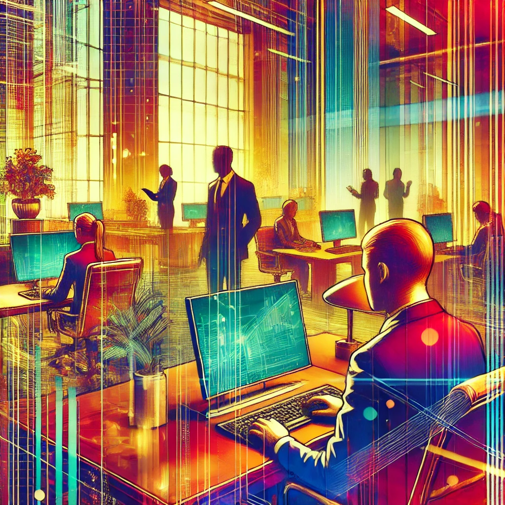 Abstract vibrant image of a modern business office with people working seriously, featuring bold and vibrant colors, opulent elements, and a slight touch of cyberpunk style with high-tech gadgets.