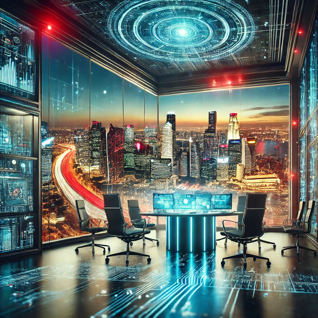 A captivating image of a futuristic office with a view of a sprawling cityscape at night, filled with modern technology and sleek furniture.