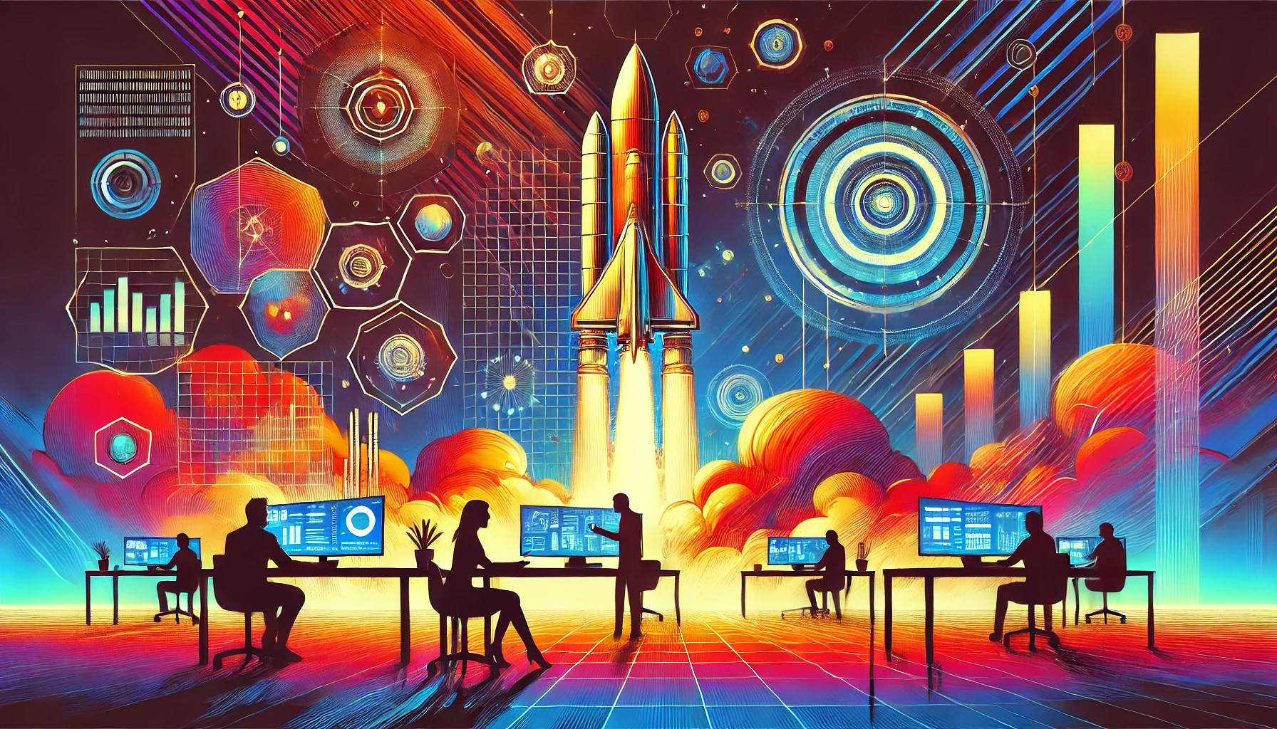 Vibrant abstract image featuring a rocket launch in the background of a cyberpunk office with people working seriously at desks and holographic displays.