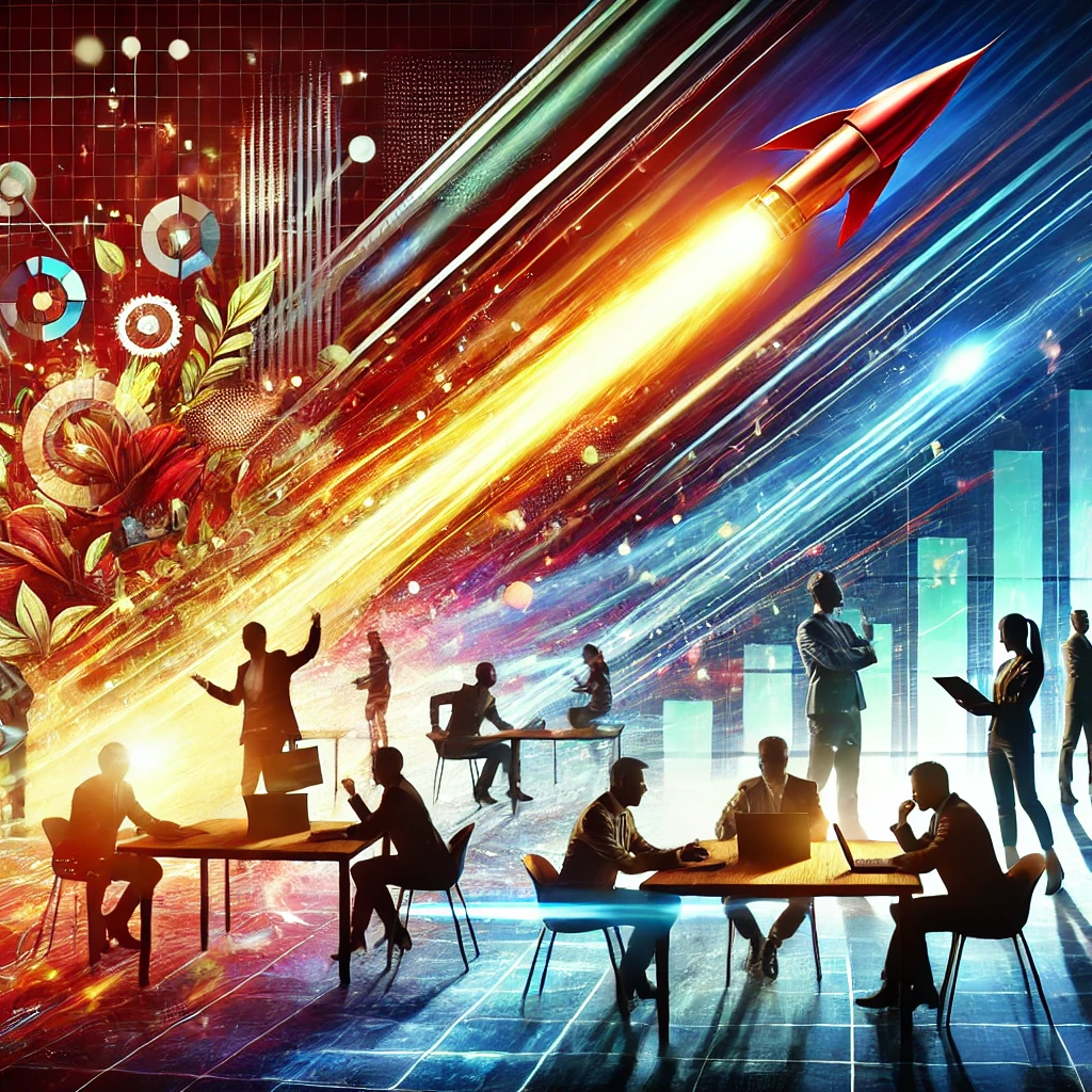 A dynamic business setting with bold and vibrant colors featuring a dramatic quantum leap effect in the background.