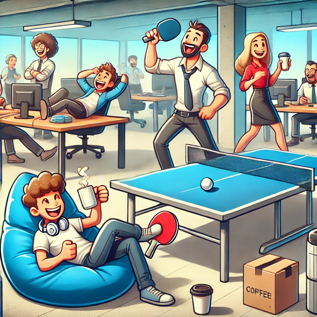 A lively office environment where employees are enjoying a break by playing table tennis and relaxing on bean bags while others work at their desks.