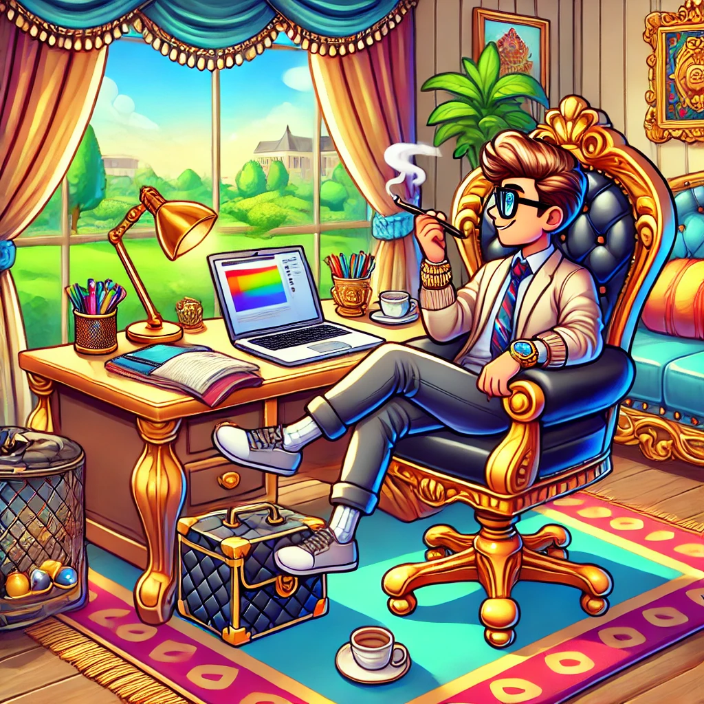 Cartoon man sitting in a luxurious office with a laptop and a cup of coffee.