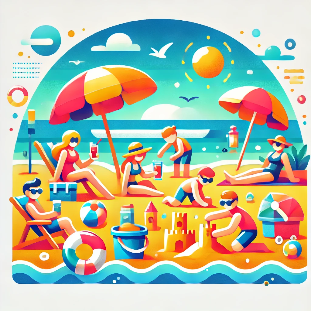 Colorful beach scene with people relaxing under umbrellas, playing, and building sandcastles.