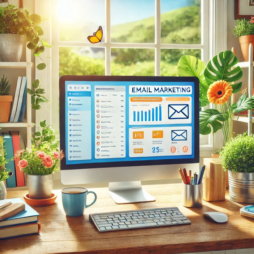 Home office with a computer displaying email marketing analytics and various plants.