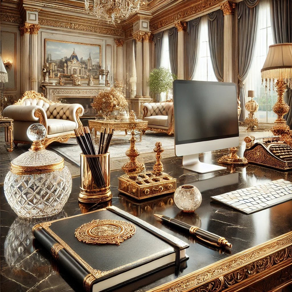 Luxurious home office with ornate gold decor and elegant furnishings.