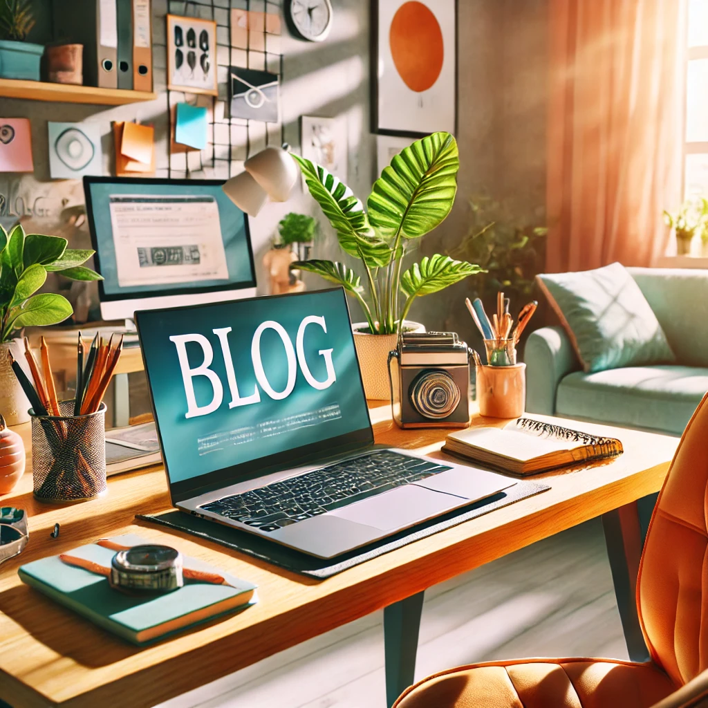 Home office with a laptop displaying the word "BLOG" and various office supplies.