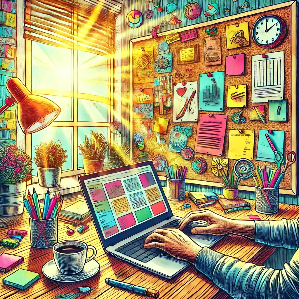 Colorful home office with a person typing on a laptop, surrounded by notes and stationery.