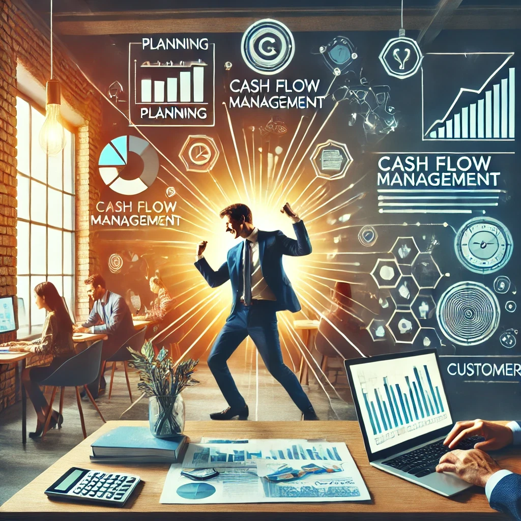 Businessman celebrating success with charts and cash flow management icons.