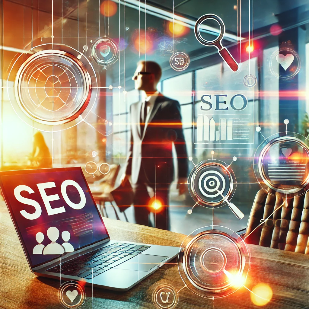 Laptop with SEO displayed on the screen and a businessman in the background with SEO-related icons.