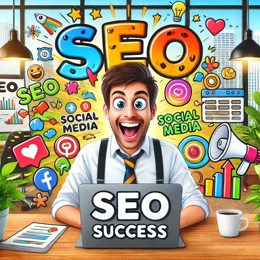 Excited man at a desk with SEO success icons and colorful graphics around him.