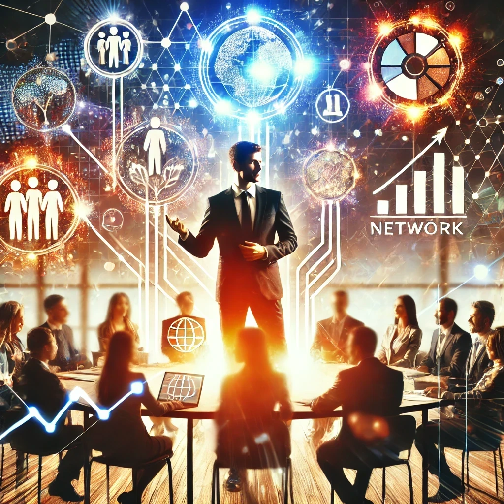 Business meeting with a leader presenting network growth concepts and charts.