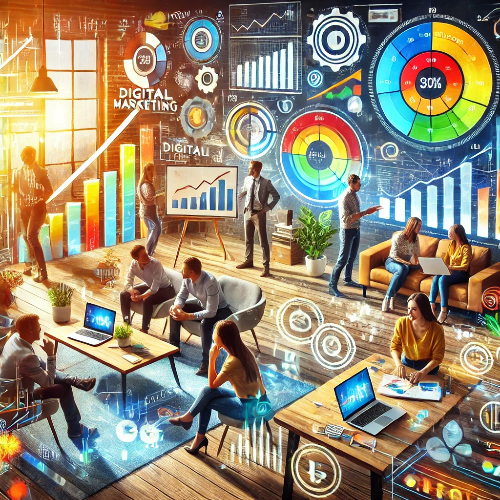 Digital marketing meeting with charts, graphs, and collaborative discussions.