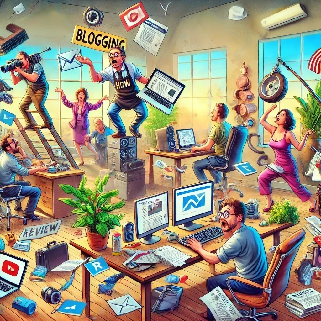 Busy office scene with people engaged in various blogging and promotional activities.