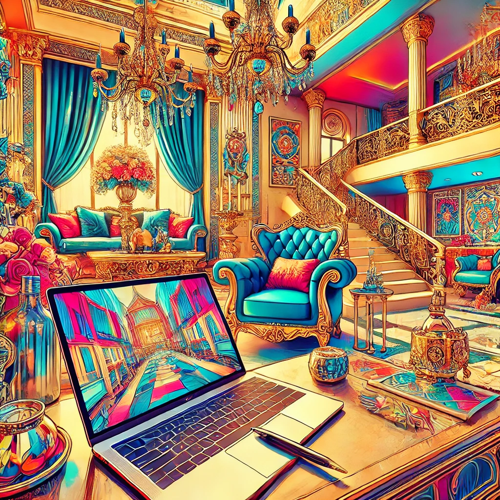 Luxurious office setting with elegant furniture and a high-end laptop.