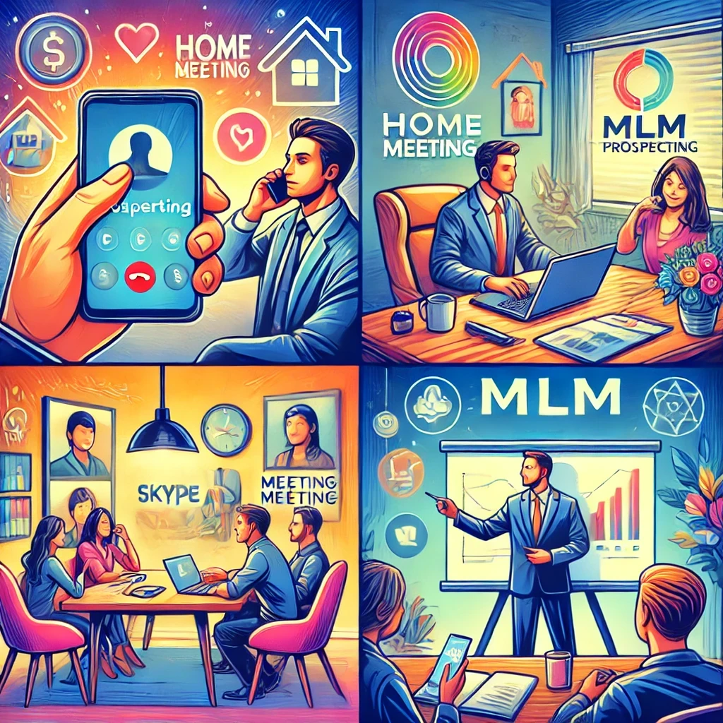 Various MLM prospecting techniques including mobile phone use, home meetings, Skype calls, and presentations.