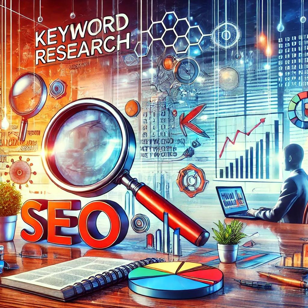 Keyword research and SEO concept with magnifying glass and charts.
