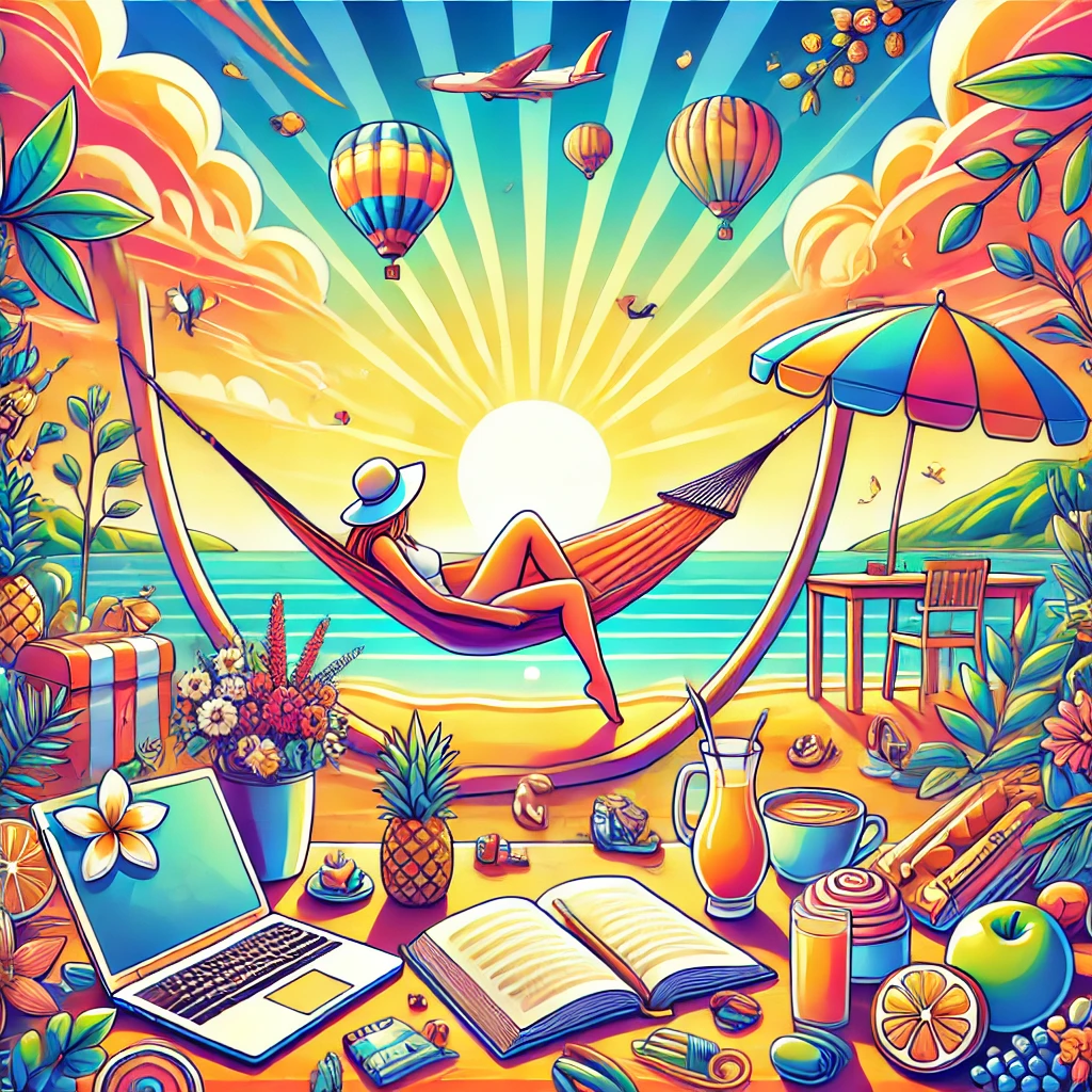 Vibrant leisure scene with a person lounging in a hammock at the beach.