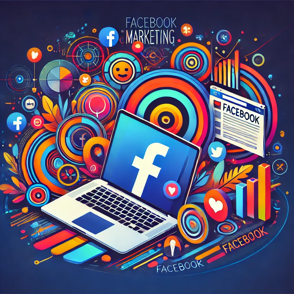 An abstract and vibrant image showcasing Facebook marketing with elements like a laptop, social media icons, and a professional setting. Bold and vibrant colors with a modern look.